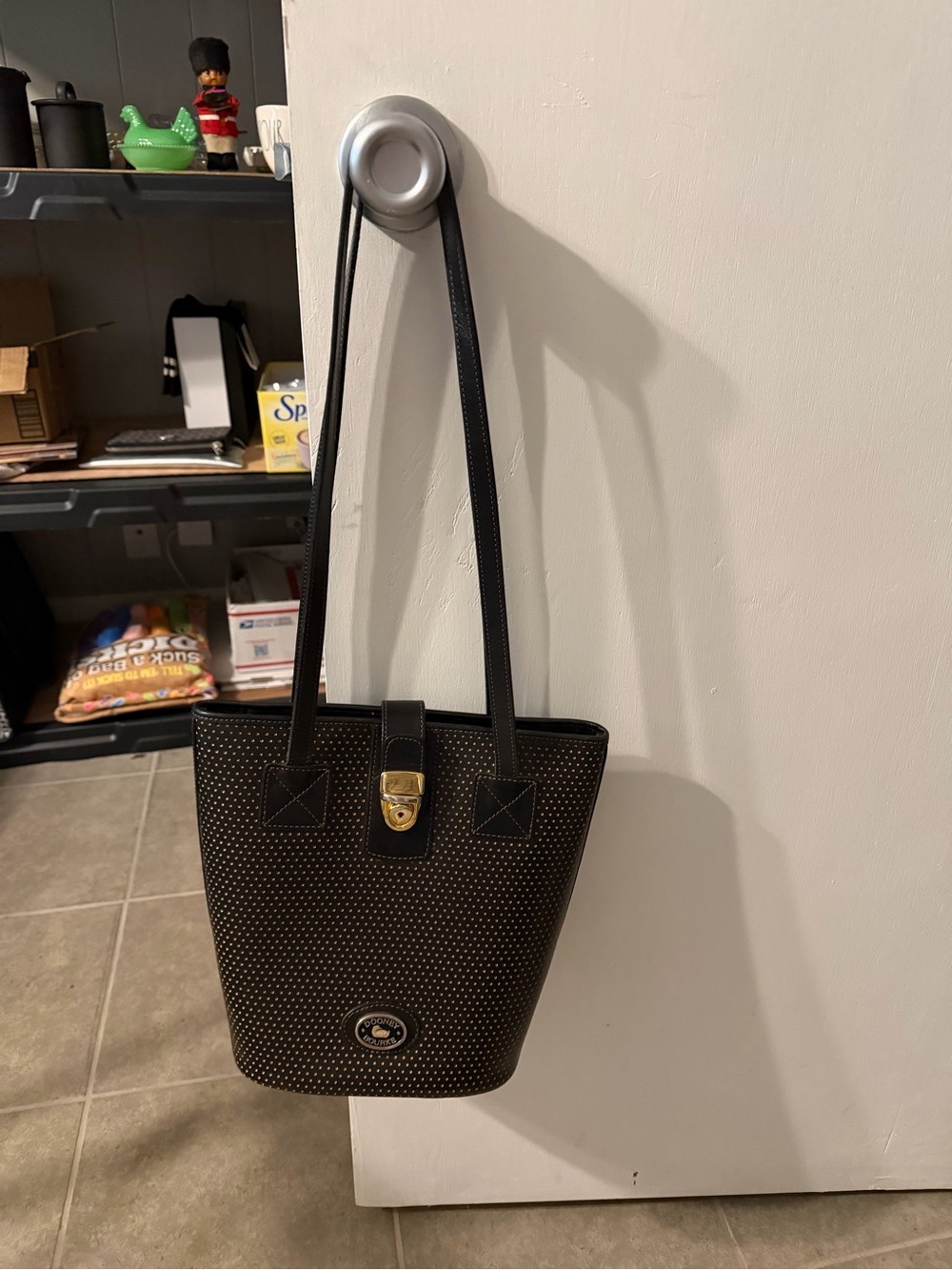 Vintage Dooney & Bourke Black Leather Mini Dots Shoulder Tote Gold Turn Lock